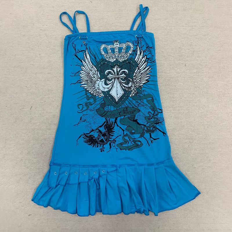 Women Blue Graphic Print Mini Dress Spaghetti Strap Pleated Ruffle Hem Bodycon Y2K Gothic Punk Streetwear Summer Party Clubwear