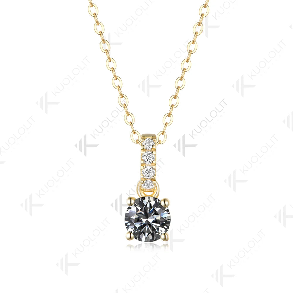 Kuololit 1CT Gray Moissanite Custom Necklace for Women Solid 585 14K 10K Yellow Gold Round Necklace for Christmas Gifts Party