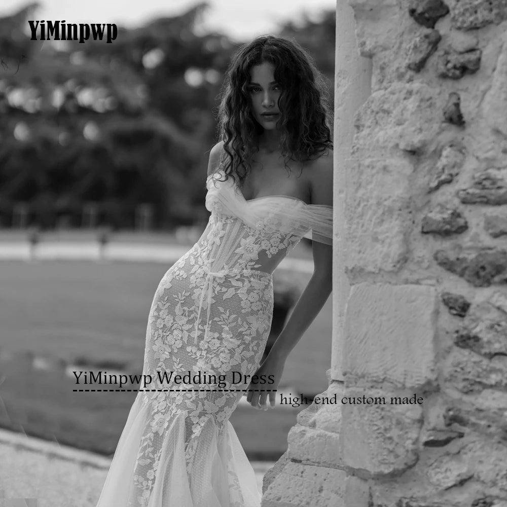 Off Shoulder Mermaid Wedding Dresses for Bride Backless Sweep Train Lace Tulle Summer Garden Beach Bridal Gowns свадебное Custom