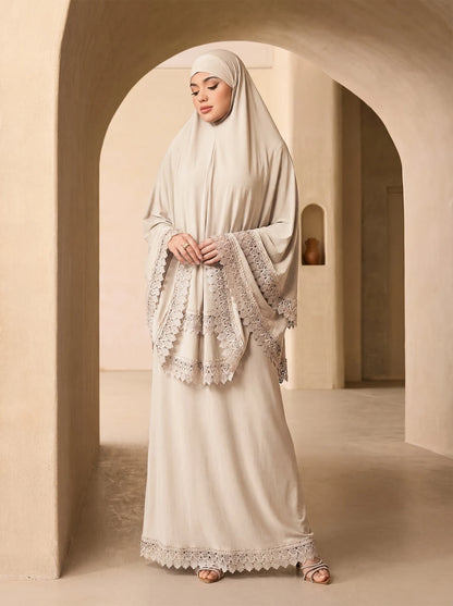Elegant Multi Layer Lace Trim Khimar Abaya Two Piece Set, Modest Prayer Long Dress For Muslim Women Eid Daily Religious Wear