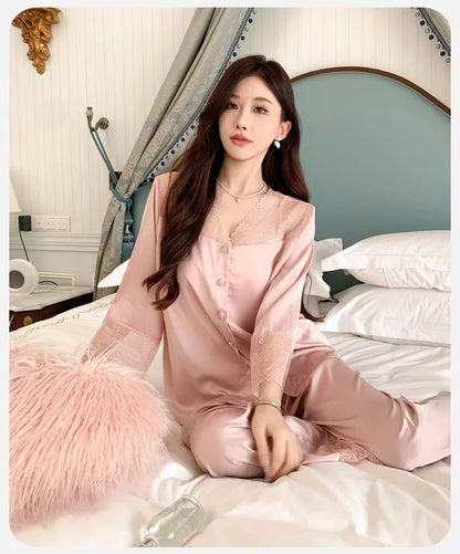 Women's Ice Silk Long-Sleeve Shirt and Full-Length Bottom Pajama Set Soft Warm Loungewear