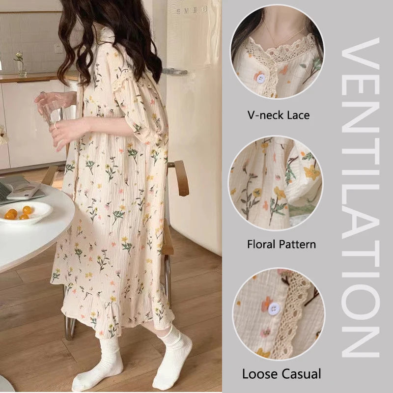 Girl Pajamas Sweet Cute Little Bouquet Printed Bubble Cotton Nightgown Lace Loungewear Princess Wind Women Homewear Dress