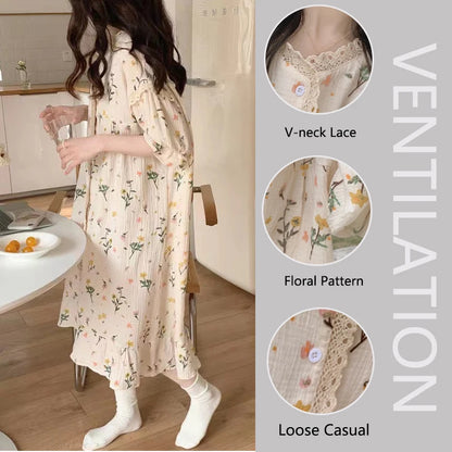 Girl Pajamas Sweet Cute Little Bouquet Printed Bubble Cotton Nightgown Lace Loungewear Princess Wind Women Homewear Dress