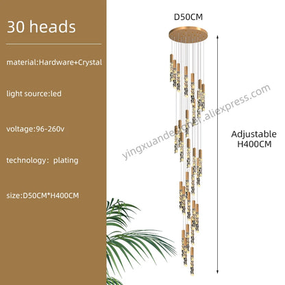 Crystal Staircase Pendant Lamp Modern Gold Lighting Fixture Ceiling Hang Pendant Light Luster Indoor Villa Loft Stair Chandelier