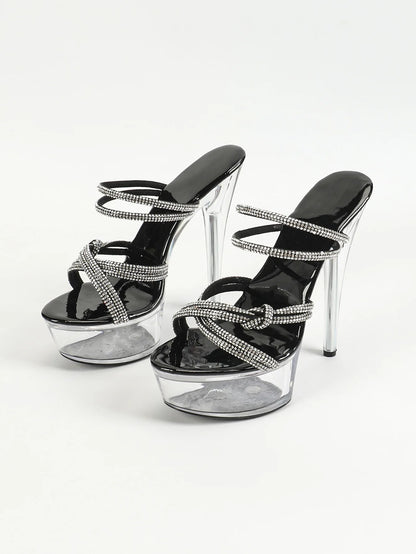 Water Diamond Slippers Sandals For Women 2024 Summer New Transparent Thin Heel Nightclub Party Luxury Rhinestone Slip-on Shoes