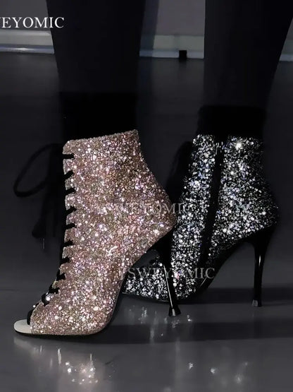 Dance Heels Champagne Black Sparkly Glitter Rubber Sole 10cm Professional High Heel Dance Shoes Salsa Women Dance Party Shoes