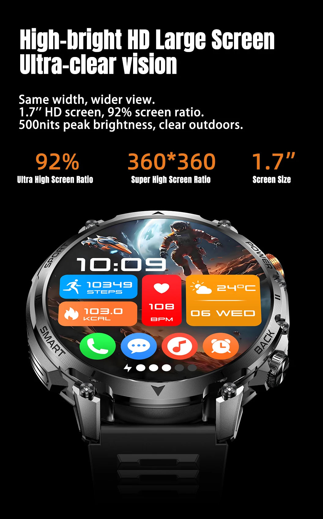 New Military Men's Outdoor Sport Smart Watch 1400mAh Battery BT Call Flashlight IP68 Waterproof 1.7' HD Large Screen Men Watch
