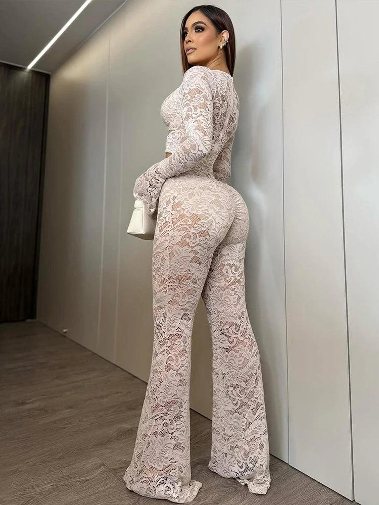 Nibber See Through Jumpsuits Woman Metal Rings Patchwork Hollow Design Sexy Full Sleeve Midnight Club Party Wild Style Overalls