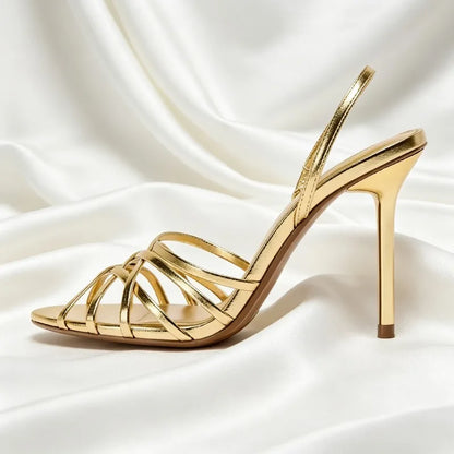 Fashion Gold Cross Tied High Heel Sandals Luxury Pointed Toe Hollow Thin Heel Designer Shoes Elegant Party Slingback Dress Shoes
