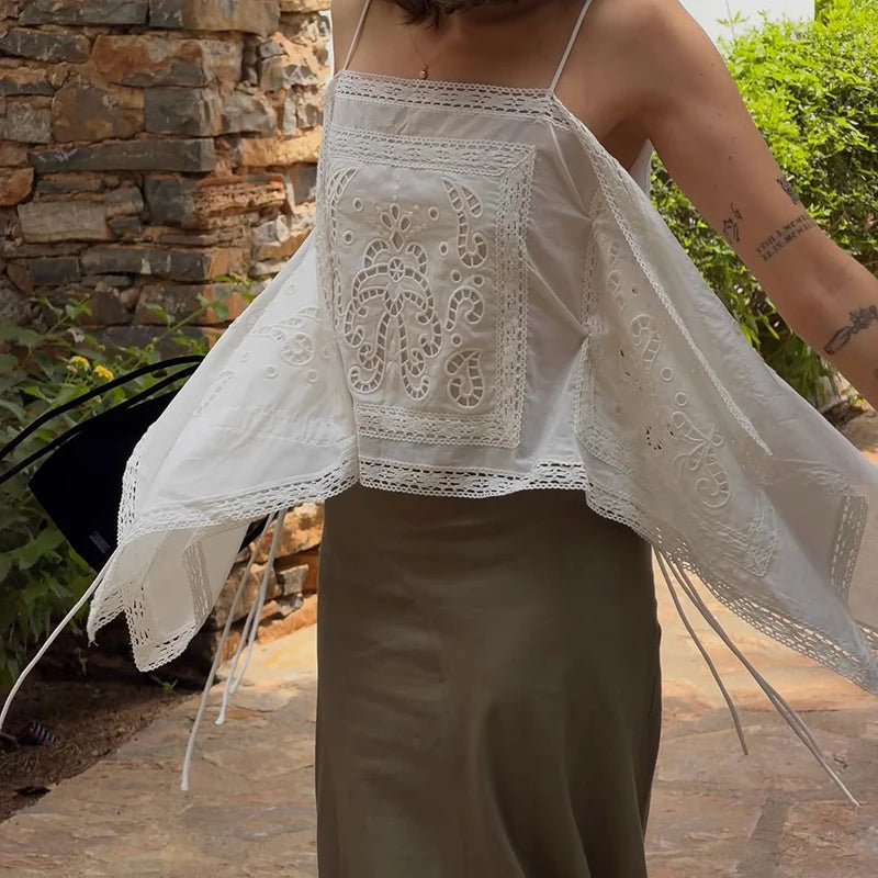 Fashion Women's White Hollow Out Sling Top Loose Sleeveless Backless Lace Up Irregular Hem All-match Tops 2026 Summer Lady Vest