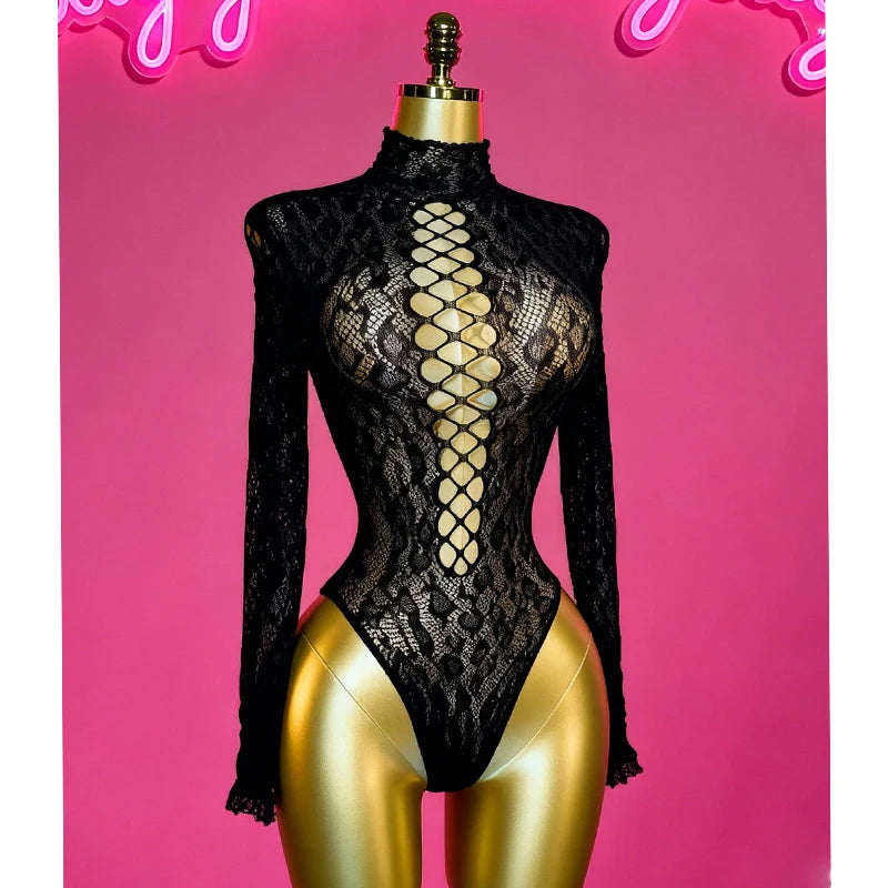 1PC Sexy Cover Up Women Bodysuit Long Sleeves Jumpsuit See Through Hollow Out  For Music festival Bodystocking W684