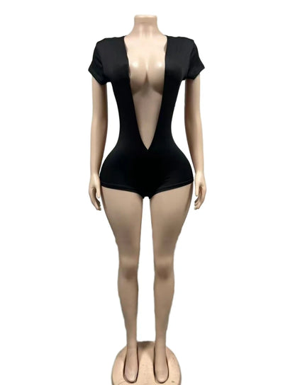 STYLISH LADY Sexy Deep V Plunge Bodysuit 2026 Summer Women Short Sleeve Stretchy Bodycon Short Jumpsuit Party Club Outfits