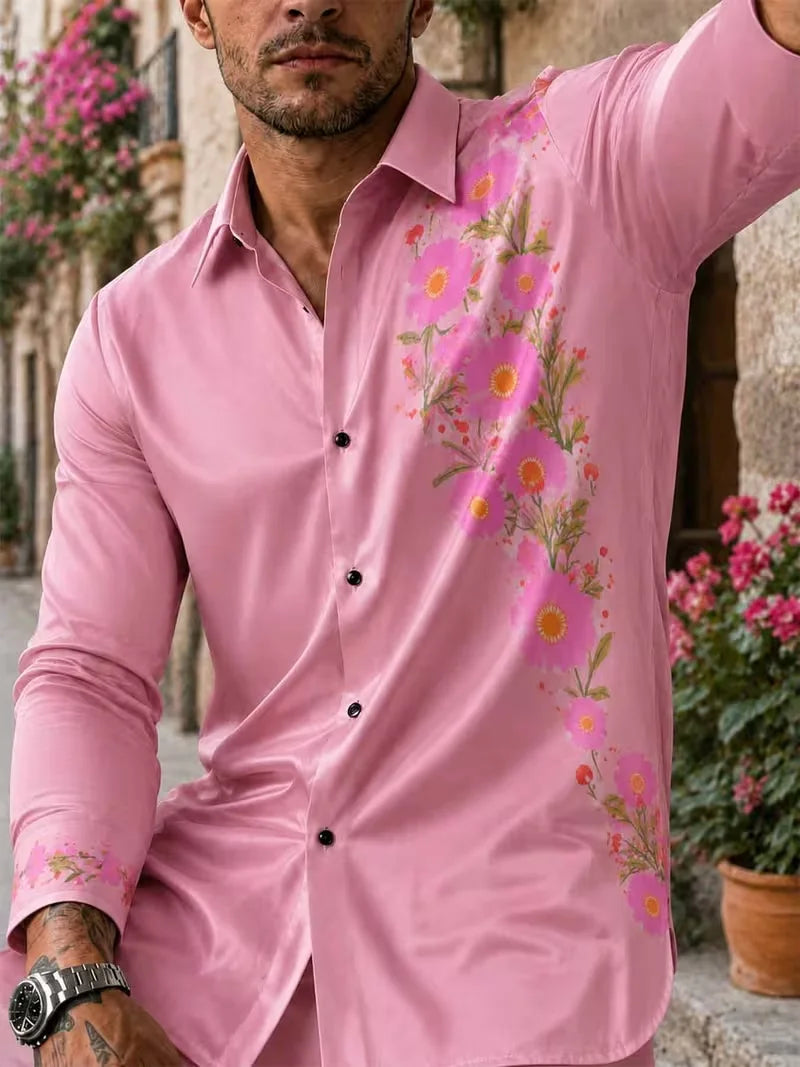 New Men's Purple Gold Phoenix National Style Curly Grass 3D Printed Long Sleeve Shirt Smooth High Gloss Collar Top