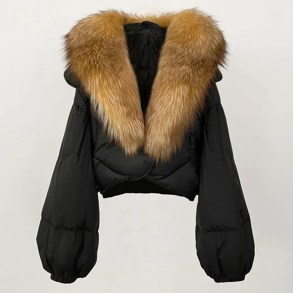 Winter Female White Duck Down Jacket Luxury Loose Short Fashion Casual Women Warm Real Fox Fur Coat Long Sleeve Puffer Jacket