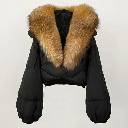 Winter Female White Duck Down Jacket Luxury Loose Short Fashion Casual Women Warm Real Fox Fur Coat Long Sleeve Puffer Jacket