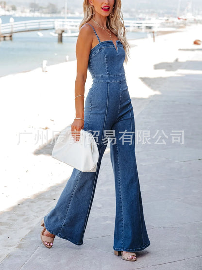 Women Jumpsuits One Piece Denim Washing Rompers Overalls Solid Flare Pants Pockets Spliced Sexy High Waist Boot Cut 2024