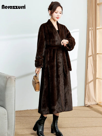 Nerazzurri Autumn Winter Long Brown Thick Warm Elegant Luxury Fluffy Faux Mink Fur Coat Women V Neck Sashes Chic Furry Overcoat
