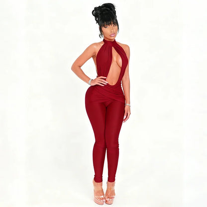 Halter Backless Jumpsuit Woman Sexy Hollow Fit Patchwork Waist Ruched Midnight Activity Workout Streetwear Overalls