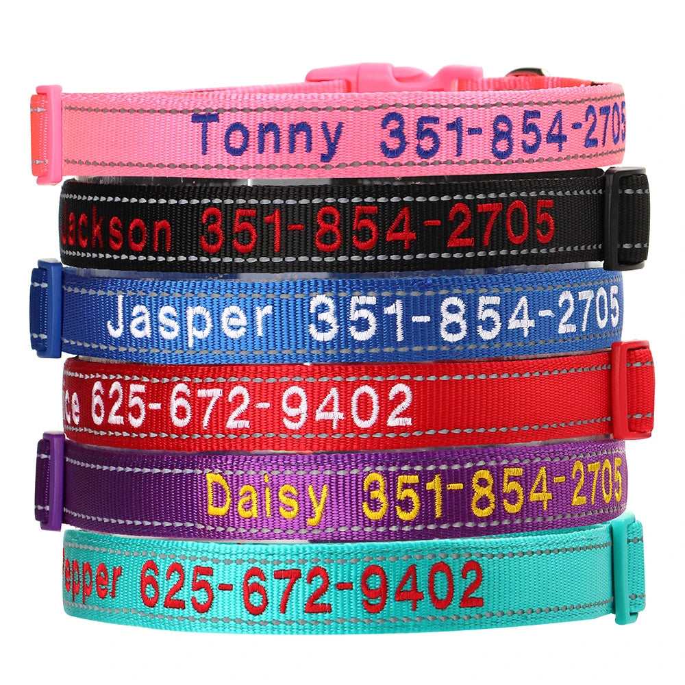 Embroidered Nylon Dog Collar Free Custom Dogs Collar Reflective Pet ID Name Phone No. For Small Medium Large Dogs Pug Adjustable