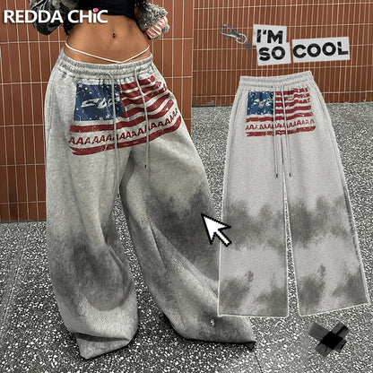ReddaChic American Flag Baggy Sweatpants Gray Drawstring Hiphop Casual Wide Leg Parachute Joggers Kpop Jazz Dance Women Trousers