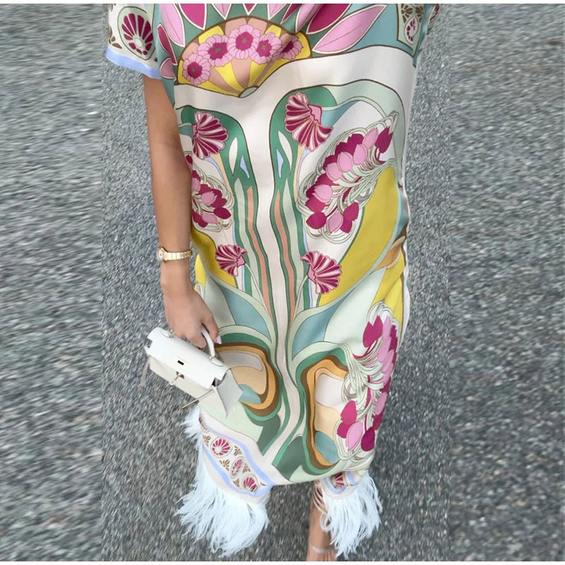 Women Art Floral Print Feather Hem Maxi Dress Short Sleeve Crew Neck Loose Fit Dresses 2026 Summer Fashion Elegant Lady Outwear