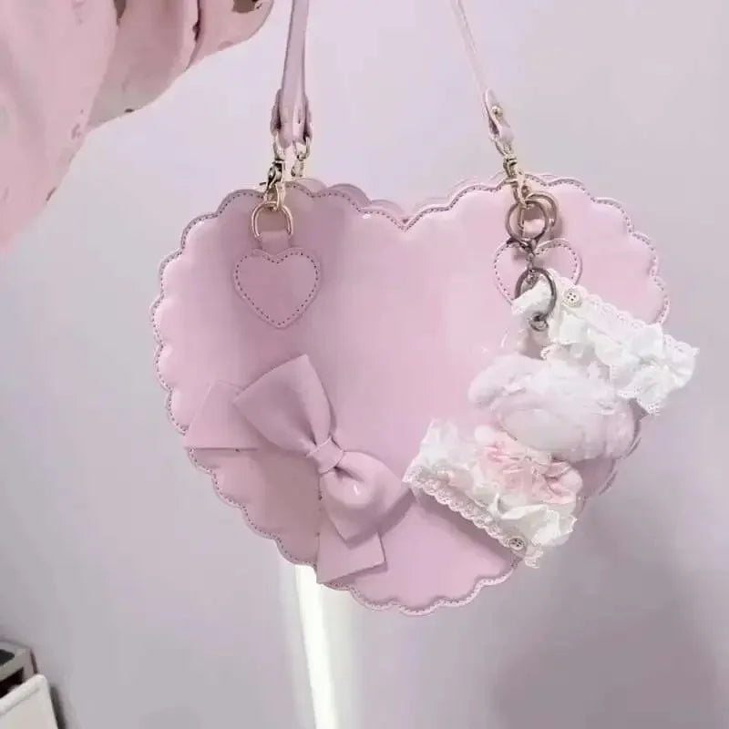 PU Heart Lolita Handbags Girls Bowknots Decor Japanese Shoulder Bags Two Sized Kawaii Shell Purses Cute Pink Messenger Bag Gifts
