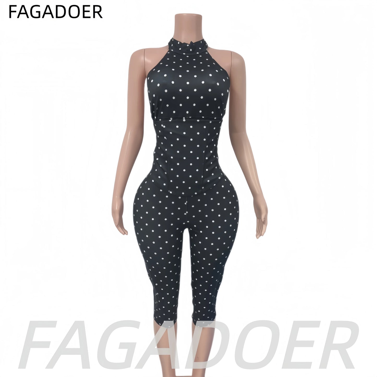 FAGADOER Cute Polka Dot Bodycon Rompers Hot Girl Streetwear Lace Up Bandage Corset Halter Jumpsuits Summer Night Club Playsuits