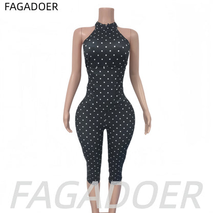 FAGADOER Cute Polka Dot Bodycon Rompers Hot Girl Streetwear Lace Up Bandage Corset Halter Jumpsuits Summer Night Club Playsuits