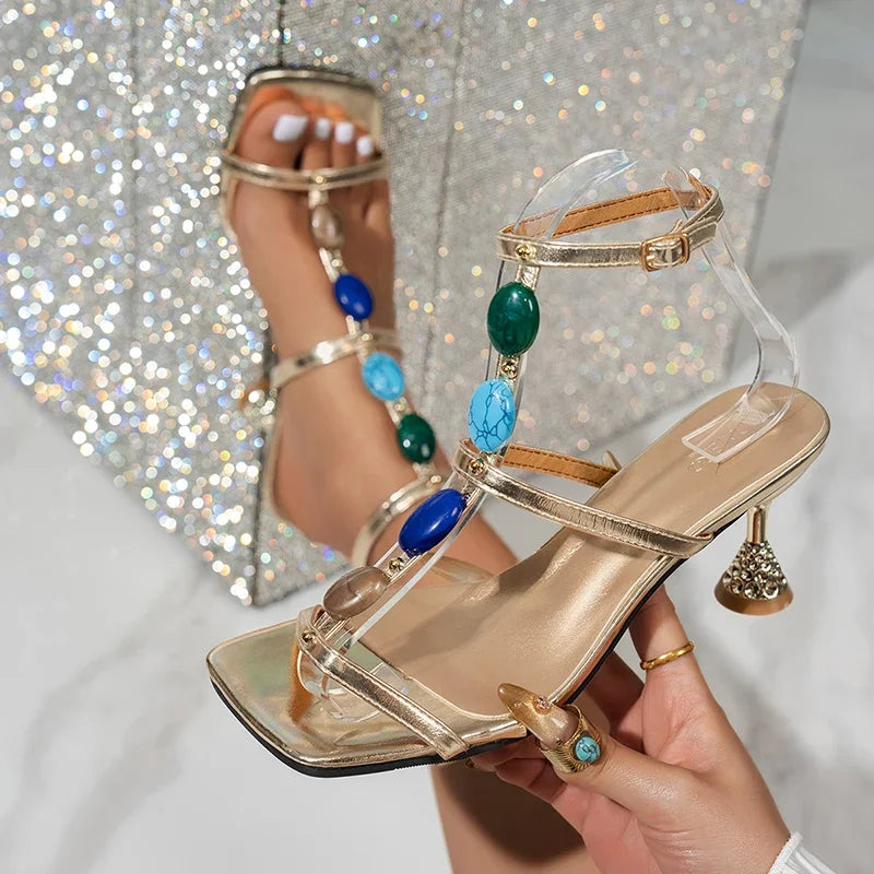 Luxury Gem Gold High Heel Gladiator Sandals Women Summer 2026 Elegant Square Toe Ankle Strap Sandals Lady Bohemia Vacation Shoes
