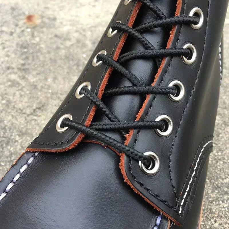 Men's Goodyear-Welted Vintage Genuine Leather Mid-calf Motorcycle Boots Round toe Casual Punk Dress Boots Work Shoes Western Red