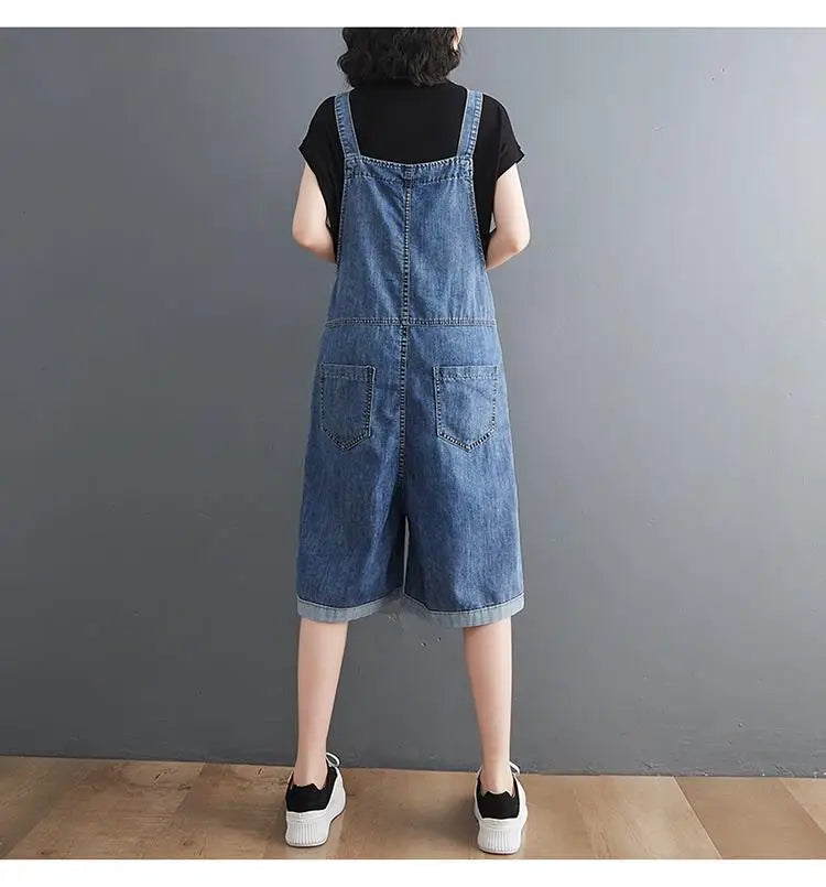 Summer Denim Straps Shorts Jeans Overalls Women Korean Wide Leg Jumpsuits Female Suspender Rompers Casual Conjoined Fifth Pants