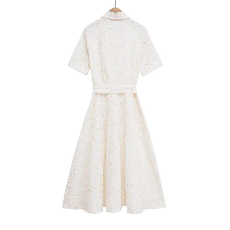 ETJ 2025 new  women's elegant fashion hollow embroidery cotton shirt lapel short-sleeved dress temperament long skirt