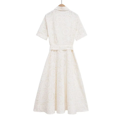 ETJ 2025 new  women's elegant fashion hollow embroidery cotton shirt lapel short-sleeved dress temperament long skirt