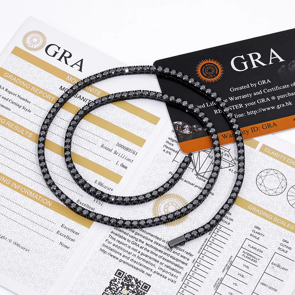 3/4mm Black Moissanite Tennis Necklace 316L Stainless Steel Black Moissanite Chain for Men Women Wedding Birthday Gifts