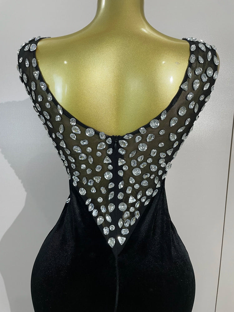 Sexy Sparkly Rhinestones Black Velvet Jumpsuit Women Performance Dance Costume Celebrate Club Luxury Birthday Party Stage Outfit