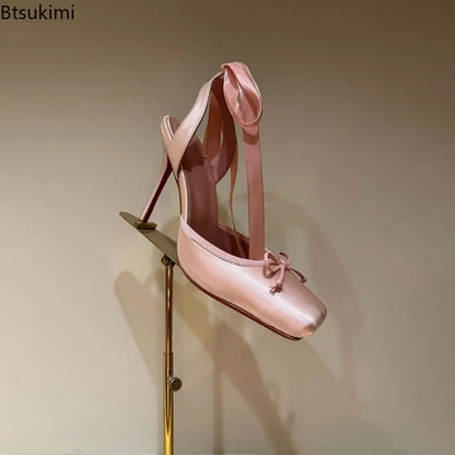 New 2026 Summer Women's Nude Satin Lace-Up Bow Heel Closed Square Toe Sandals Ballet Shoes Luxury Dress Slingback Ladies Pumps