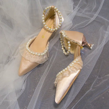 Elegant Pearl Weddings Bridal Pumps for Women 2026 Summer Silk Ankle Straps High Heels Shoes Woman Pointed Toe Dress White Shoes