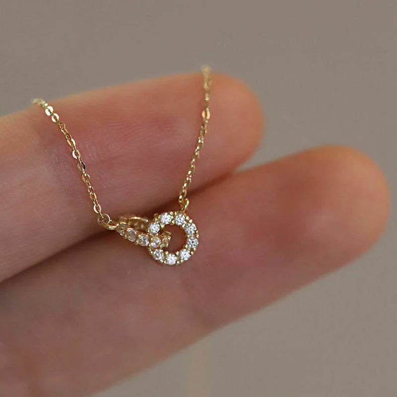 925 Sterling Silver Interlocking Diamond Necklace Light Luxury Double Ring Zircon Pendant Collarbone Chain Simple Jewelry