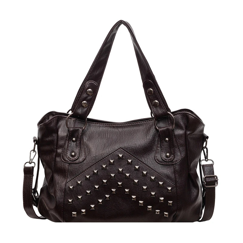 Rivet Punk Large Capacity Handbags Top Quality Sturdy Soft Leather Casual Tote Bag Shoulder Crossbody Bags Daily Commute Travel