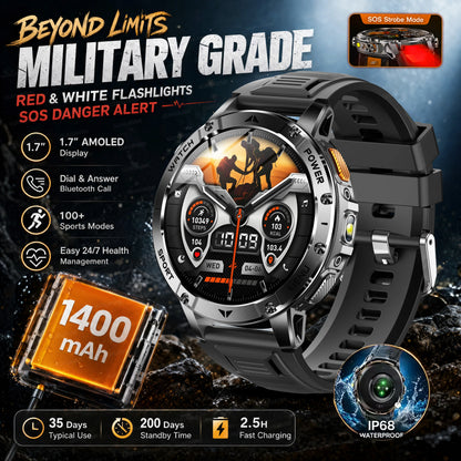 TANK Ultra Outdoor Smartwatch 1400mAh Battery Military Watches Waterproof Two-color Tactical LED Flashlight Men Sports Bracelet