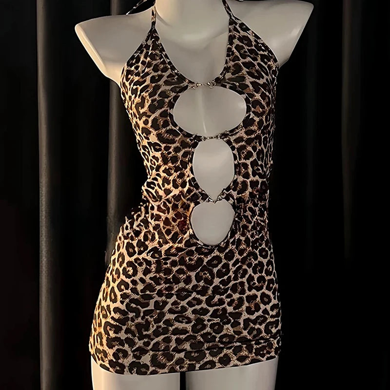 2025 Sexy Mini Leopard Print Dress Halter Backless One-piece Boysuit Hollow Lingerie Dress for Party Night Club