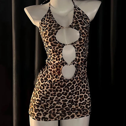 2025 Sexy Mini Leopard Print Dress Halter Backless One-piece Boysuit Hollow Lingerie Dress for Party Night Club