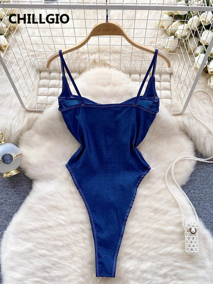 CHILLGIO Women Denim Overalls Fashion Slim Bodysuits One Piece Combination Onesie Zipper Strappy Rompers Summer Sexy Catsuits