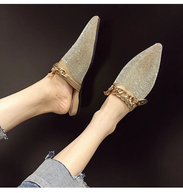 2025 New Summer Shoes for Women Luxury Slipper Girl Bling Crystal Chain Casual Flat Sandals Girl Pointed Toe Slides