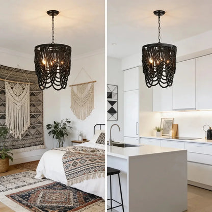 Black French Country Chandelier Large Hanging Lights Dia60 H65cm Living Room Boho Wood Bead Chandelier For Bedroom Dining Room