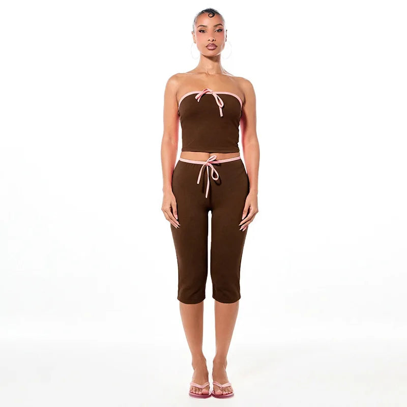Joskaa Sexy Line Patchwork 2 Piece Set Women Strapless Bow Crop Top and High Waist Capri Pants Matching Tracksuits Streetwear