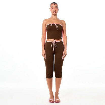 Joskaa Sexy Line Patchwork 2 Piece Set Women Strapless Bow Crop Top and High Waist Capri Pants Matching Tracksuits Streetwear