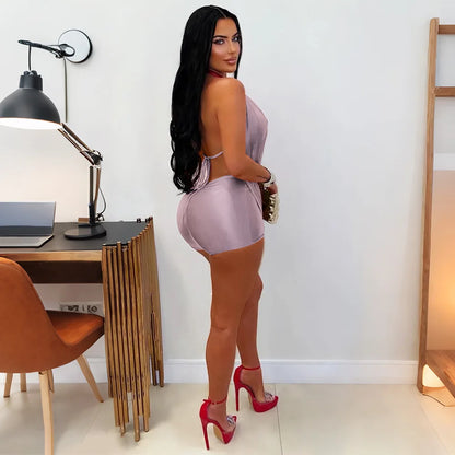 HBLL Sexy Deep V-neck Halter Backless Bodycon Rompers Woman Playsuit Twist Ruched Jumpsuit Short Overalls Night Party Outfits