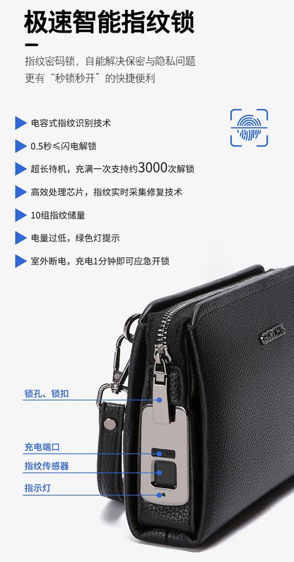 Leather Wallet FL-V1 Men Business Clutch Bag Smart Fingerprint Lock Security Anti Theft Handbag Black Safety Men Wallet сумка 가방