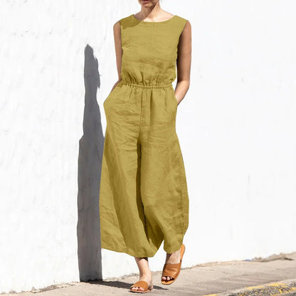Jumpsuits Women New Summer Solid Color high-waisted Sleeveless Elastic Waist Casual Loose Temperament Rompers Clothing JYFS6542